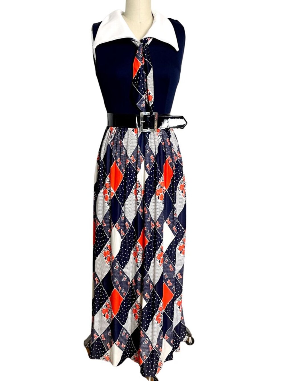 Vintage 1970s Red White Blue Maxi Dress - Wing Collar, Patchwork Skirt, Belt